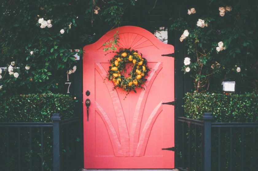 fence with red doors