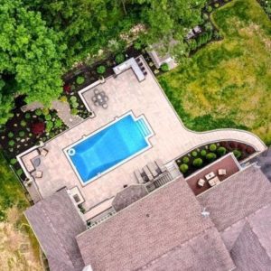 stone pool patio aerial view